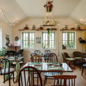 Cozy interior of Holne Tearoom in Dartmoor, Devon