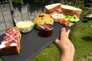 Guests enjoying homemade food and afternoon tea at Holne Tearoom in Dartmoor, Devon